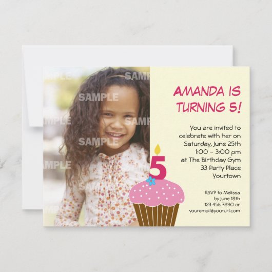 Sweet Cupcake 5th Birthday Party Invitation Kaart (Voorkant)