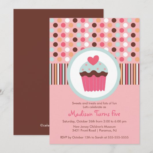 Sweet Cupcake Birthday Party Invitation Kaart (Voorkant / Achterkant)