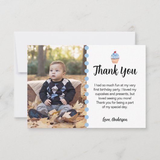 Sweet Cupcake Blauw Jongen Eerste Verjaardagsfeest Bedankkaart (Voorkant)