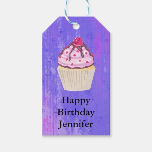 Sweet Cupcake met Raspberry op Top Birthday Cadeaulabel (Voorkant)