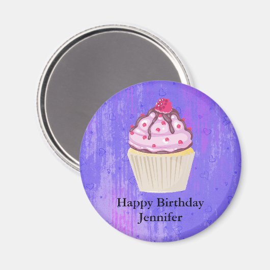 Sweet Cupcake met Raspberry op Top Birthday Magneet (Voorkant / Achterkant)