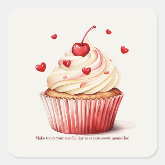 Sweet Cupcake Red Hearts Valentijnsdag Kaart Vierkante Sticker (Voorkant)