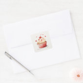 Sweet Cupcake Red Hearts Valentijnsdag Kaart Vierkante Sticker (Envelop)