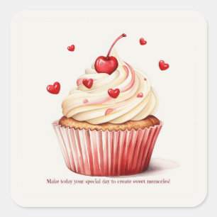 Sweet Cupcake Red Hearts Valentijnsdag Kaart Vierkante Sticker