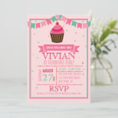 Sweet Cupcake Roze en Groen / Eerste Verjaardagsfe Kaart (Staand voorkant)