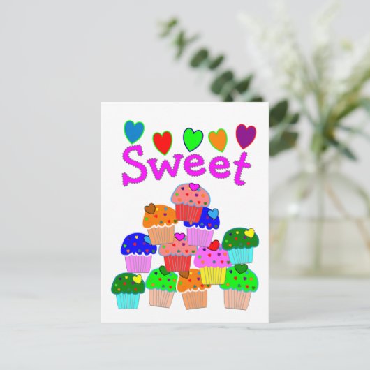 "Sweet" Cupcake Stack met heldere harten Briefkaart (Staand voorkant)