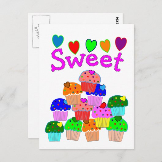 "Sweet" Cupcake Stack met heldere harten Briefkaart (Voorkant / Achterkant)