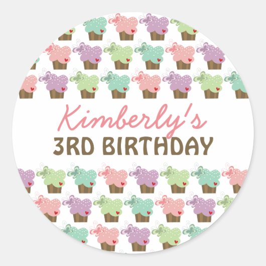 Sweet Cupcakes Butterflies Whimsical Girl Birthday Ronde Sticker (Voorkant)