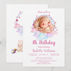 Sweet Cute Unicorn Waterverf Meisje Eerste Verjaar Kaart