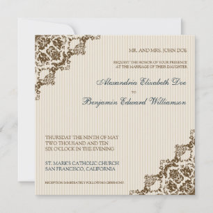 Sweet Damask Corners Brown Wedding Invitation Kaart