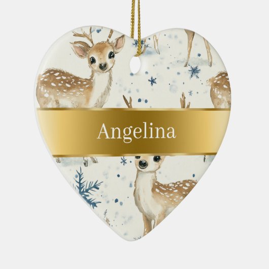 Sweet Deer Snowflakes Gold Ribbon Christmas Keramisch Ornament (Rechts)