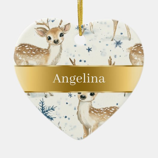 Sweet Deer Snowflakes Gold Ribbon Christmas Keramisch Ornament (Voorkant)