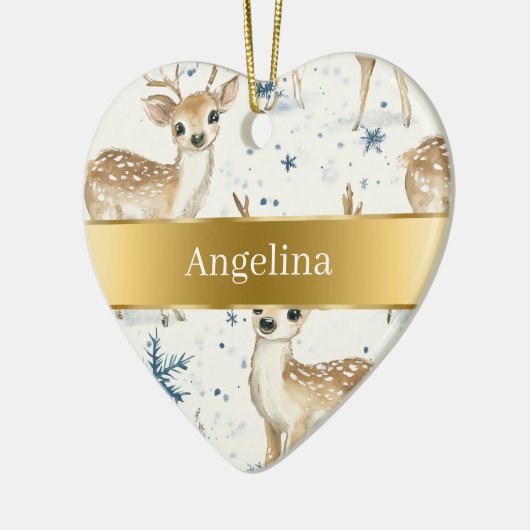 Sweet Deer Snowflakes Gold Ribbon Christmas Keramisch Ornament (Links)