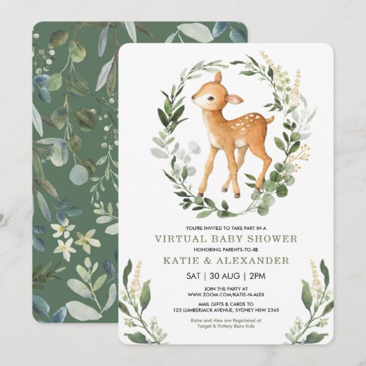 Sweet Deer Woodland Green Virtual Baby shower Kaart (Voorkant / Achterkant)