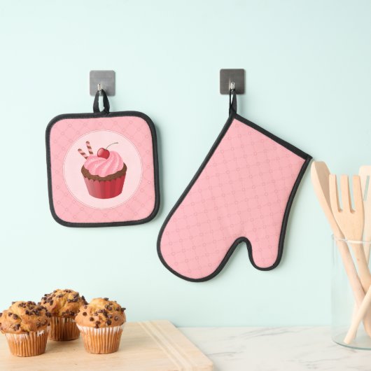 Sweet Delicious Cherry Cupcake Ovenwant & Pannenlap Set (Insitu(Ophanging))