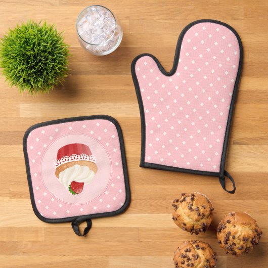 Sweet Delicious Strawberry Cupcake Ovenwant & Pannenlap Set (Top down)