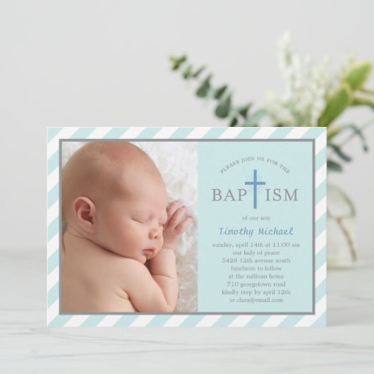 Sweet Diagonals Foto Baptisme Uitnodiging - Blauw (Staand voorkant)