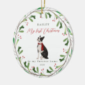 Sweet Dog's eerste Kerstmis met naam en jaar Keramisch Ornament (Links)