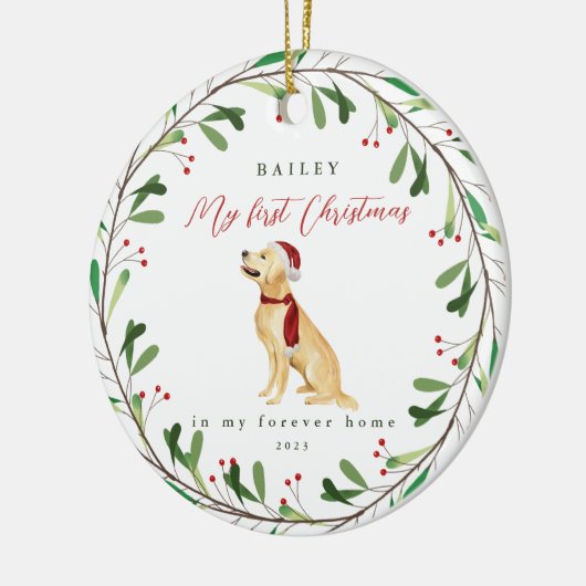 Sweet Dog's eerste Kerstmis met naam en jaar Keramisch Ornament (Links)