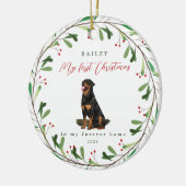 Sweet Dog's eerste Kerstmis met naam en jaar Keramisch Ornament (Links)