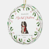 Sweet Dog's eerste Kerstmis met naam en jaar Keramisch Ornament (Links)