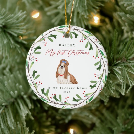 Sweet Dog's eerste Kerstmis met naam en jaar Keramisch Ornament (Boom)