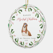 Sweet Dog's eerste Kerstmis met naam en jaar Keramisch Ornament (Links)