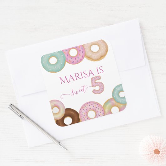 Sweet Donut Birthday | Kleurrijke Kinder partij - Vierkante Sticker (Envelop)