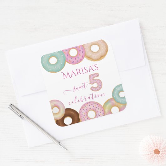 Sweet Donut Birthday | Kleurrijke Kinder partij - Vierkante Sticker (Envelop)