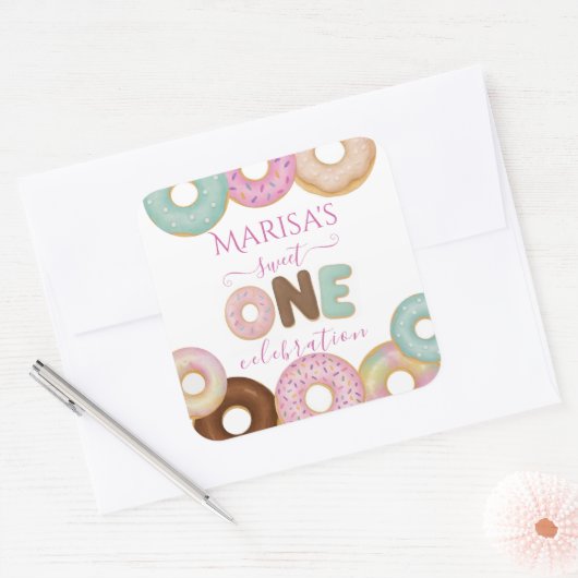 Sweet Donut Birthday | Kleurrijke Kinder partij - Vierkante Sticker (Envelop)