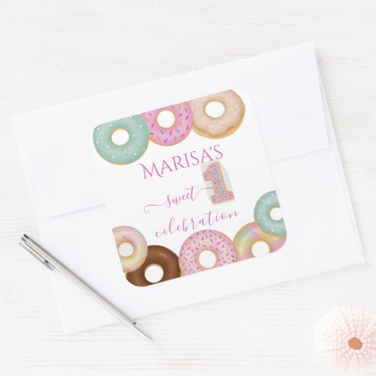 Sweet Donut Birthday | Kleurrijke Kinder partij - Vierkante Sticker (Envelop)
