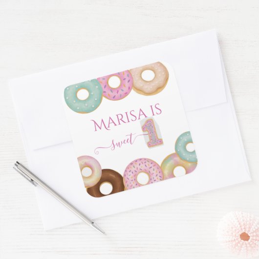 Sweet Donut Birthday | Kleurrijke Kinder partij - Vierkante Sticker (Envelop)