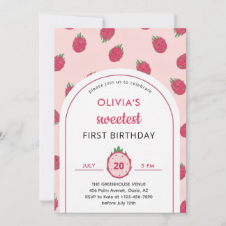 Sweet Dragon Fruit First Birthday Invitation Kaart