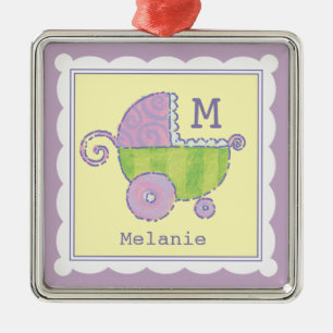 Sweet Dreams Baby Carriage Lavender Monogrammed Metalen Ornament
