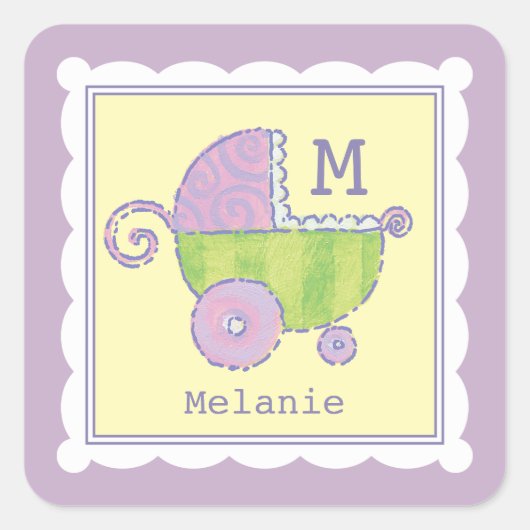 Sweet Dreams Baby Carriage Lavender Monogrammed Vierkante Sticker (Voorkant)