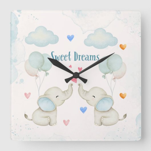 Sweet Dreams Baby Elephant Nursery Vierkante Klok (Voorkant)