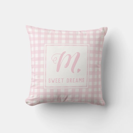 Sweet Dreams Baby Roze Medium Gingham Monogram Kussen (Voorkant)