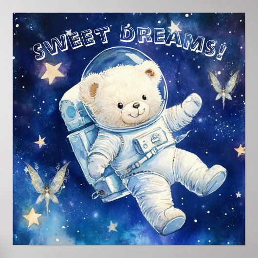 Sweet Dreams Blue Astronaut Teddy Nursery Poster (Voorkant)