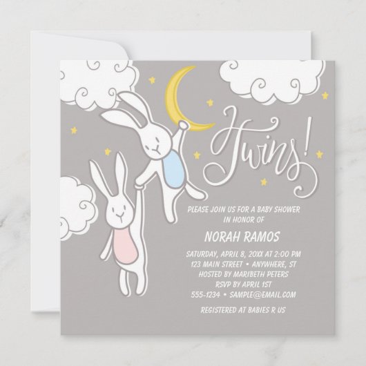 "Sweet Dreams Bunny" Twins Baby shower Uitnodiging (Voorkant)