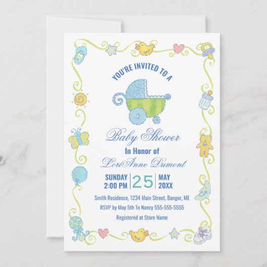 Sweet Dreams Carriage Blue and White Baby shower Kaart (Voorkant)