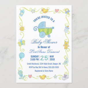 Sweet Dreams Carriage Blue and White Baby shower Kaart