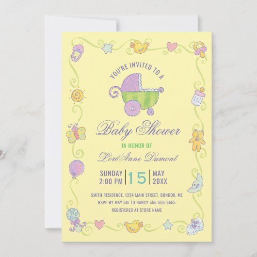 Sweet Dreams Carriage Geel Baby shower Kaart (Voorkant)