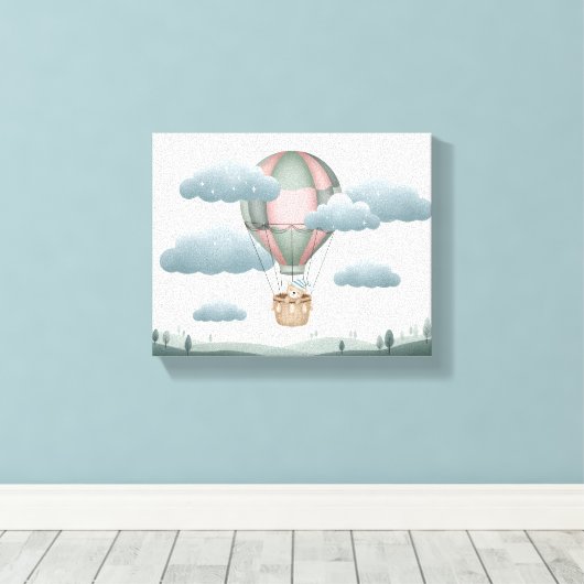 Sweet Dreams Dusty Green Bear Hot Air Balloon Art Canvas Afdruk (Insitu (Houten vloer))