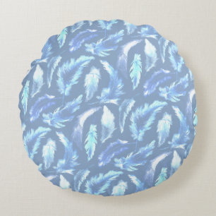 Sweet Dreams - Lichtblauwe waterverf veren : Rond Kussen