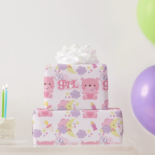Sweet Dreams Pink It's a Girl Wolken & Maan Cadeaupapier (Feestgeschenken)