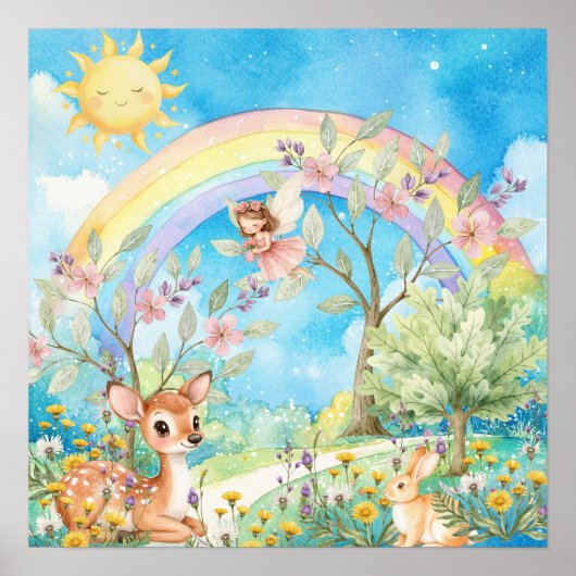 Sweet Dreams Rainbow Deer & Rabbit Nursery Poster (Voorkant)