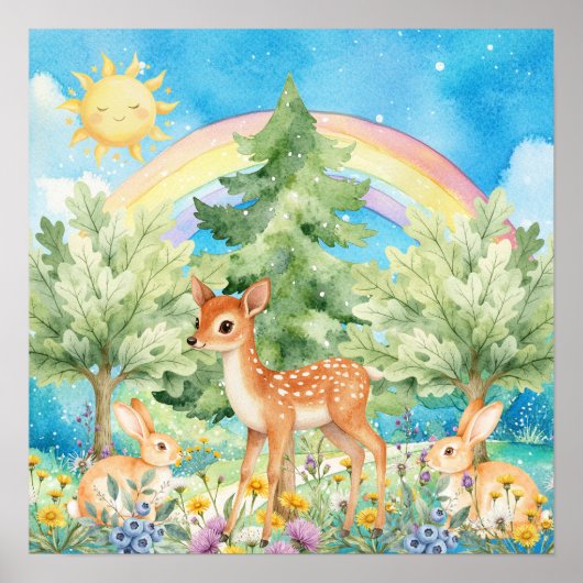 Sweet Dreams Rainbow Deer & Rabbits Nursery  Poster (Voorkant)