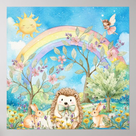 Sweet Dreams Rainbow Hedgehog & Rabbits Nursery  Poster (Voorkant)
