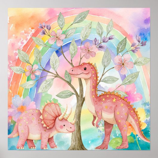 Sweet Dreams Rainbow Pink Dinosaurs Nursery  Poster (Voorkant)