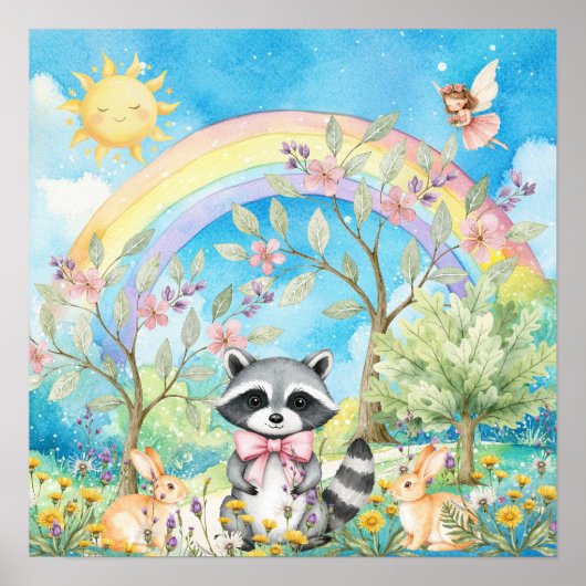 Sweet Dreams Rainbow Raccoon & Rabbits Nursery Poster (Voorkant)